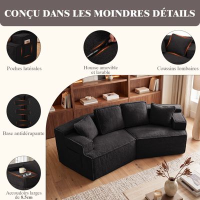 Canapé 2 places, 228 x 75 x 62 cm, canapé-lit modulaire avec poche de rangement, sans montage requis