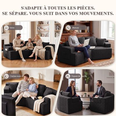 Canapé 2 places, 228 x 75 x 62 cm, canapé-lit modulaire avec poche de rangement, sans montage requis