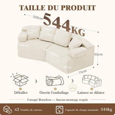 Canapé 2 places, 228 x 75 x 62 cm, canapé-lit modulaire avec poche de rangement, sans montage requis