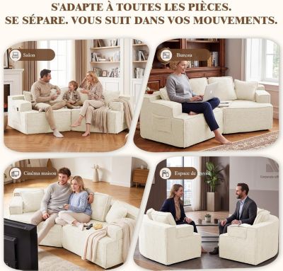 Canapé 2 places, 228 x 75 x 62 cm, canapé-lit modulaire avec poche de rangement, sans montage requis