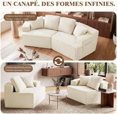 Canapé 2 places, 228 x 75 x 62 cm, canapé-lit modulaire avec poche de rangement, sans montage requis
