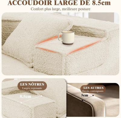 Canapé 2 places, 228 x 75 x 62 cm, canapé-lit modulaire avec poche de rangement, sans montage requis