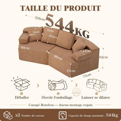 Canapé 2 places, 228 x 75 x 62 cm, canapé-lit modulaire avec poche de rangement, sans montage requis