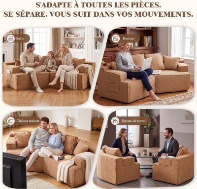 Canapé 2 places, 228 x 75 x 62 cm, canapé-lit modulaire avec poche de rangement, sans montage requis