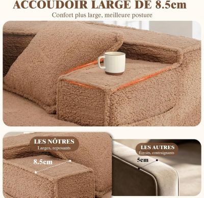 Canapé 2 places, 228 x 75 x 62 cm, canapé-lit modulaire avec poche de rangement, sans montage requis