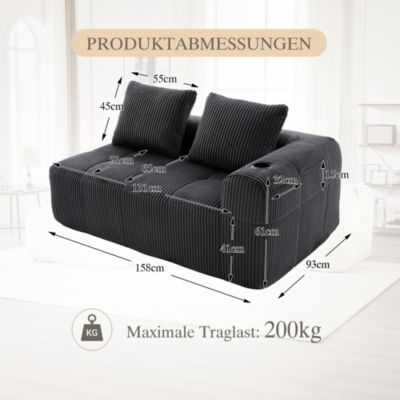 Canapé 2 Places Confortable avec Porte-Gobelet Intégré et Poches Latérales, Coussins de Dossier, sans Assemblage - Gris Foncé