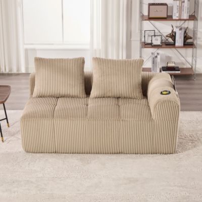 Canapé 2 Places Confortable, Porte-Gobelet Intégré et Poches Latérales, Coussin de Dossier, Sans Assemblage, Velours Côtelé Marron