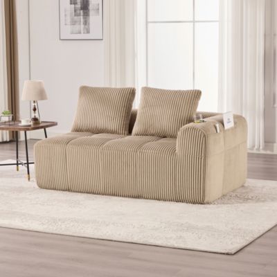Canapé 2 Places Confortable, Porte-Gobelet Intégré et Poches Latérales, Coussin de Dossier, Sans Assemblage, Velours Côtelé Marron