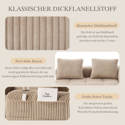 Canapé 2 Places Confortable, Porte-Gobelet Intégré et Poches Latérales, Coussin de Dossier, Sans Assemblage, Velours Côtelé Marron