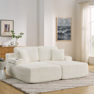 Canapé 2 places convertible en lit,Beige, tissu cordé doux, avec poche latérale, porte-gobelet, coussin inclus
