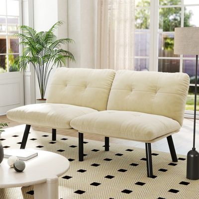 Canapé 2 places convertible en velours crème, multifonction (sofa, fauteuil lounge, lit) avec structure métal