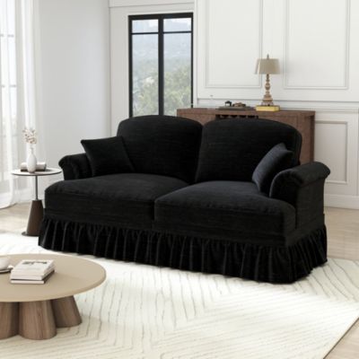 Canapé 2 places en chenille noir avec volant amovible et pieds fuselés, accoudoirs floraux et design modulable