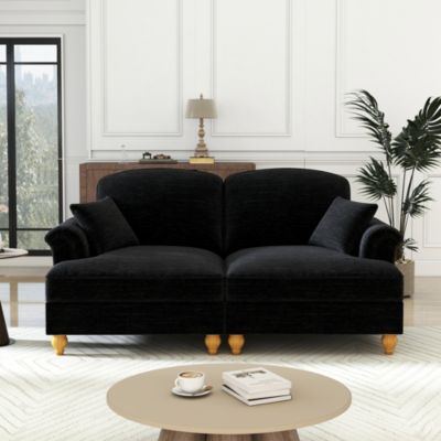 Canapé 2 places en chenille noir avec volant amovible et pieds fuselés, accoudoirs floraux et design modulable