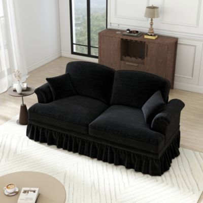 Canapé 2 places en chenille noir avec volant amovible et pieds fuselés, accoudoirs floraux et design modulable