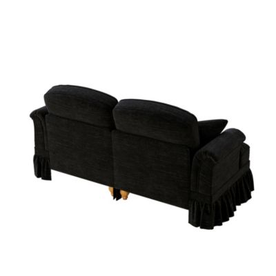 Canapé 2 places en chenille noir avec volant amovible et pieds fuselés, accoudoirs floraux et design modulable