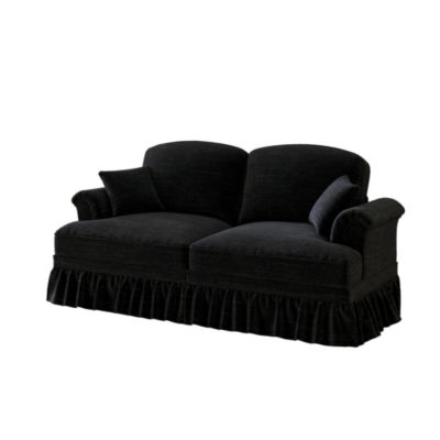 Canapé 2 places en chenille noir avec volant amovible et pieds fuselés, accoudoirs floraux et design modulable
