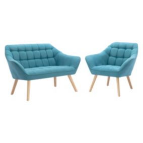 Canapé 2 places et fauteuil en tissu bleu CASERTA