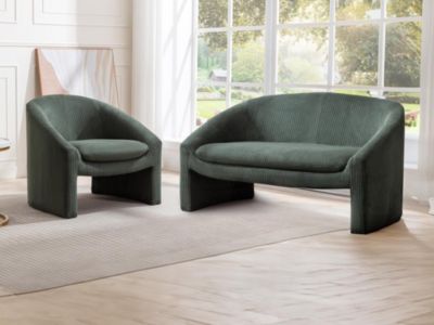 Canapé 2 places et fauteuil en velours côtelé vert OSSANA
