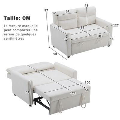 Canapé 2 places,moderne,convertible en lit,dossier réglable,avec grand coussin de dos,compact