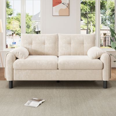 Canapé 2 places moderne en tissu chenille avec coussins épais, style scandinave, confortable et élégant, salon/chambre, beige