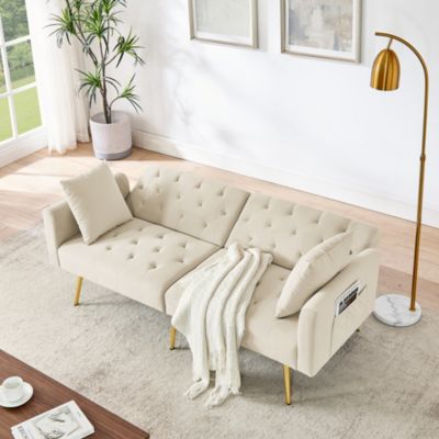 Canapé 2 Places - Relax avec 2 Coussins, Dossier Réglable 3 Niveaux, Chaiselongue avec Poche Latérale, en Velours - Beige