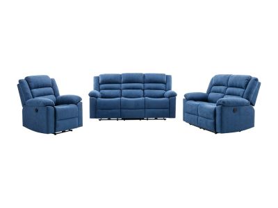 Canapé 3 places, 2 places et fauteuil relax électrique en tissu bleu BUROLO