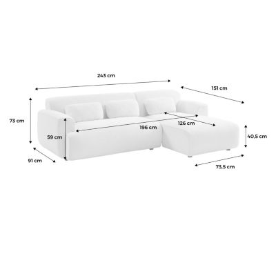 Canapé 3 places. angle droit. tissu bouclette. Wallas. L 196 x P 151 / 91 / x H 73cm