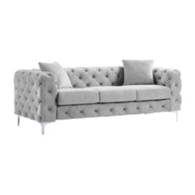 Canapé 3 places chesterfield en velours gris clair EDWINA