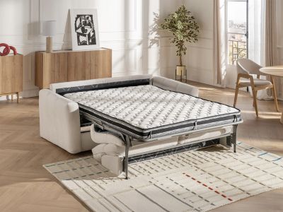 Canapé 3 places convertible express en tissu chenille beige - Couchage 140 cm - Matelas 13 cm DOVENA de Maison Céphy