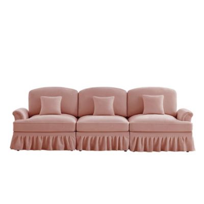 Canapé 3 places de style milieu du siècle,rose,chenille,accoudoirs évasés,jupe à volants amovible,pieds fuselés