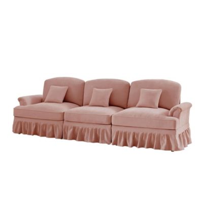 Canapé 3 places de style milieu du siècle,rose,chenille,accoudoirs évasés,jupe à volants amovible,pieds fuselés