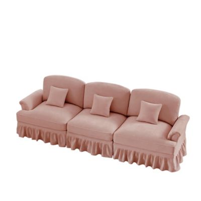 Canapé 3 places de style milieu du siècle,rose,chenille,accoudoirs évasés,jupe à volants amovible,pieds fuselés