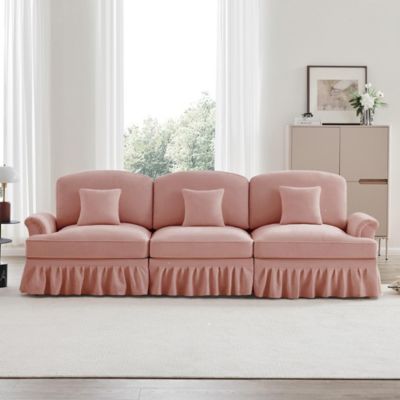 Canapé 3 places de style milieu du siècle,rose,chenille,accoudoirs évasés,jupe à volants amovible,pieds fuselés
