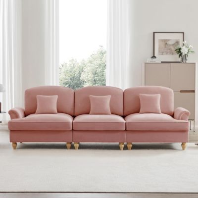 Canapé 3 places de style milieu du siècle,rose,chenille,accoudoirs évasés,jupe à volants amovible,pieds fuselés