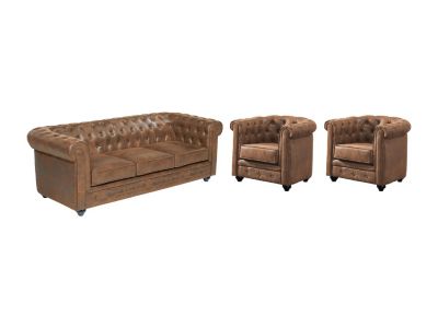 Canapé 3 places et 2 fauteuils CHESTERFIELD en microfibre aspect cuir vieilli