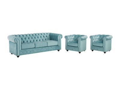 Canapé 3 places et 2 fauteuils CHESTERFIELD - Velours bleu pastel