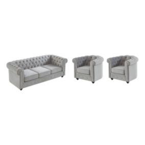 Canapé 3 places et 2 fauteuils CHESTERFIELD - Velours gris clair