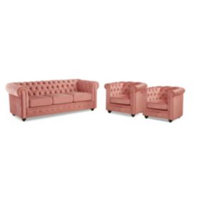 Canapé 3 places et 2 fauteuils CHESTERFIELD - Velours rose pastel