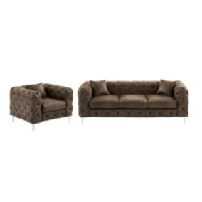 Canapé 3 places et fauteuil chesterfield en microfibre aspect cuir vieilli EDWINA