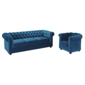 Canapé 3 places et fauteuil CHESTERFIELD - Velours bleu canard