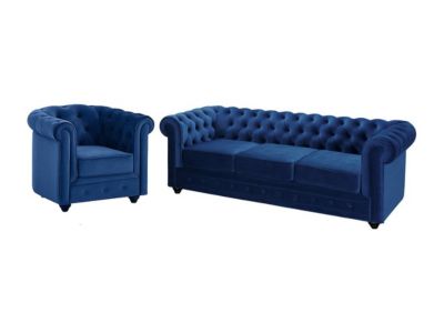 Canapé 3 places et fauteuil CHESTERFIELD - Velours bleu roi