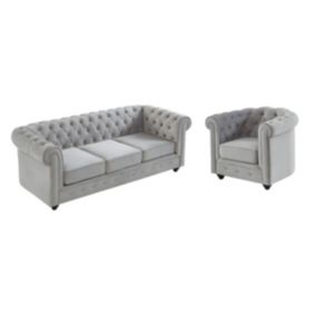 Canapé 3 places et fauteuil CHESTERFIELD - Velours gris clair