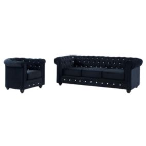 Canapé 3 places et fauteuil CHESTERFIELD - velours noir et boutons effet cristal