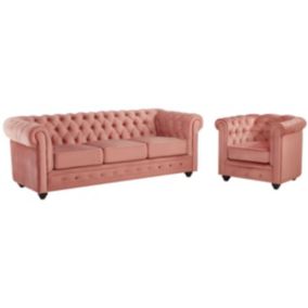 Canapé 3 places et fauteuil CHESTERFIELD - Velours rose pastel