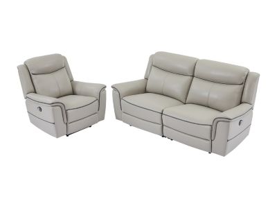 Canapé 3 places et fauteuil relax électrique en cuir gris clair ADELIO