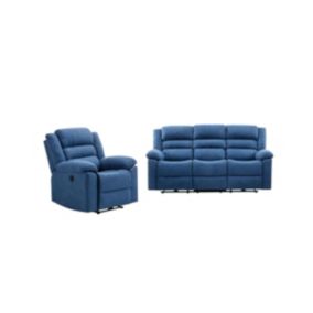 Canapé 3 places et fauteuil relax électrique en tissu bleu BUROLO