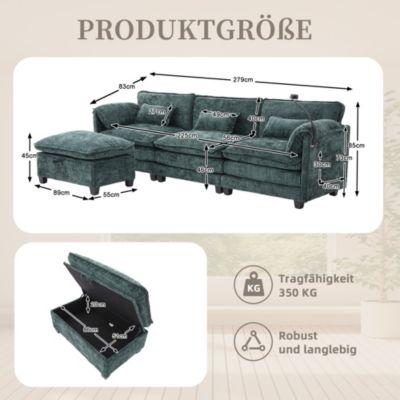 Canapé 3 Places Modulaire, avec USB et Poches Latérales, Pouf Coffre de ...