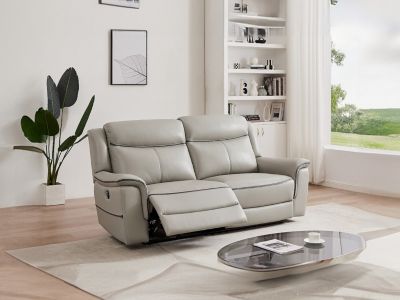 Canapé 3 places relax électrique en cuir gris clair ADELIO