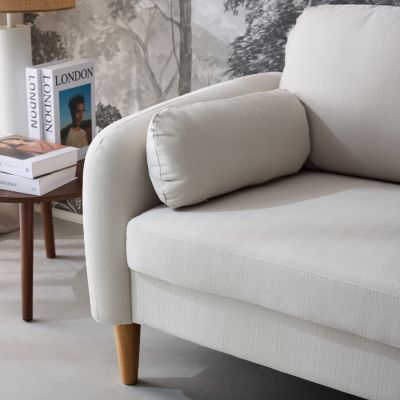 Canapé 3 places scandinave arrondi tissu blanc pieds bois d'hévéa