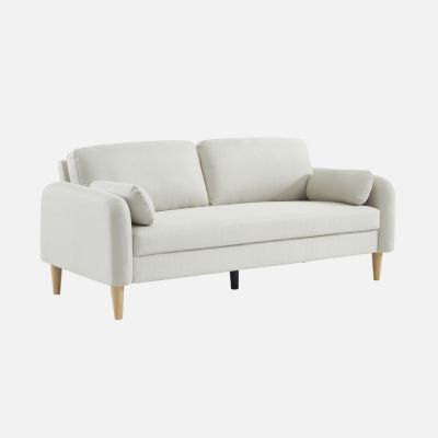 Canapé 3 places scandinave arrondi tissu blanc pieds bois d'hévéa